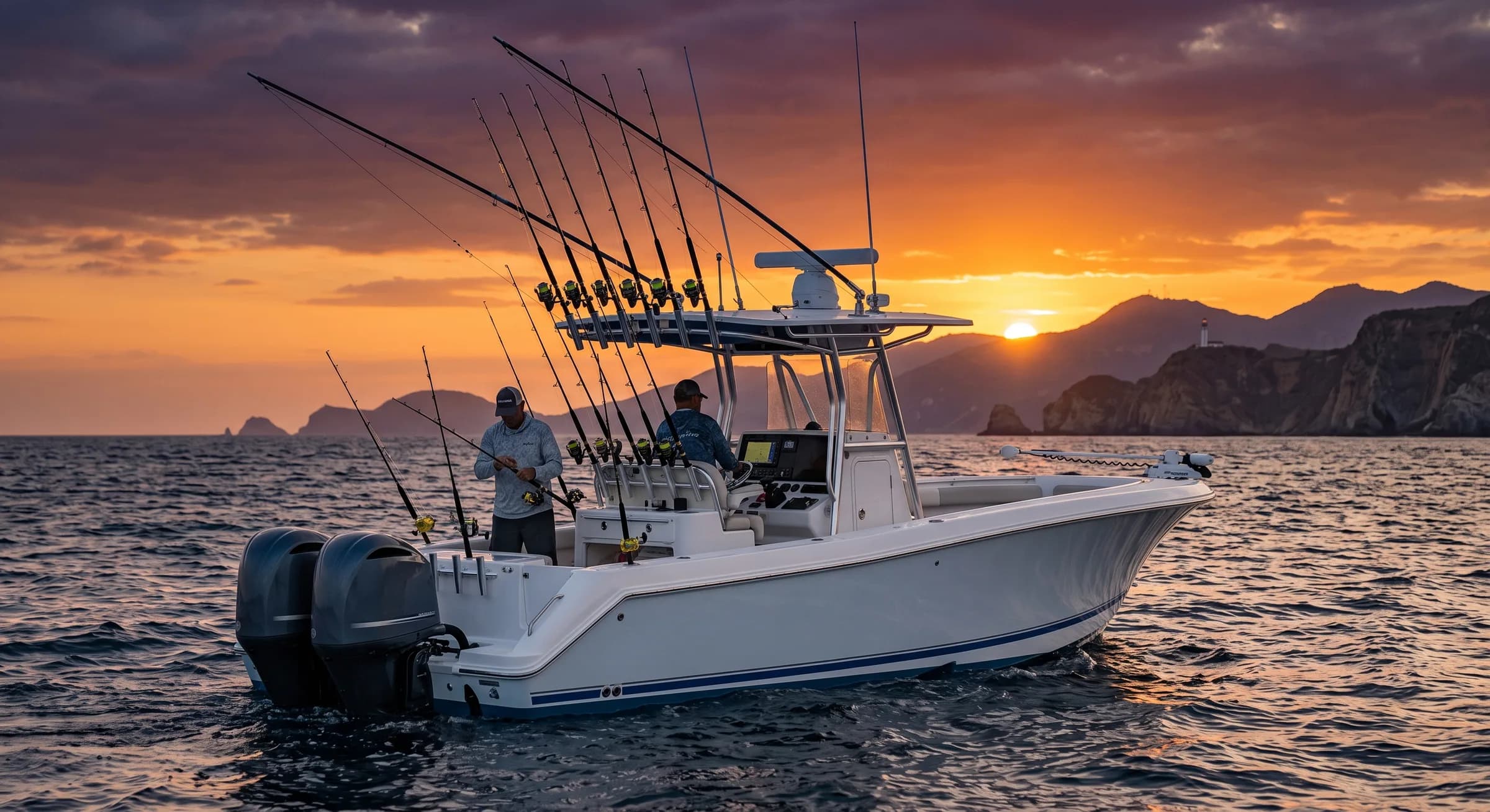Battuta di pesca in mare al tramonto